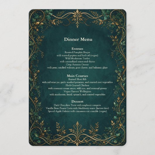 Verzaubertes Waldhochzeits-Dinner-Bar-Menü Menükarte (Vorderseite)