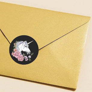 Verzaubertes Weißes Einhorn  Blumen Pink Schwarz Runder Aufkleber