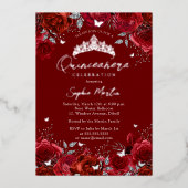 Verzauberung Rot-Silber-Zwergquinceanera Folieneinladung (Vorderseite)