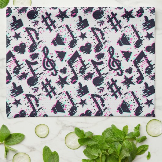 Verzerrtes Muster für musikalische Noten und Herz Geschirrtuch (Gefaltet)