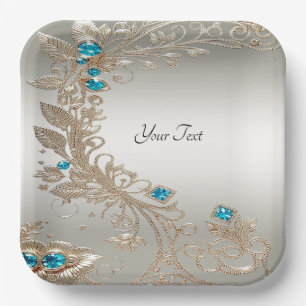 Verzieren Sie Gold Blue Stones Paper Plate Pappteller