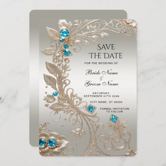 Verzieren Sie Gold Blue Stones Save the Date (Vorne/Hinten)