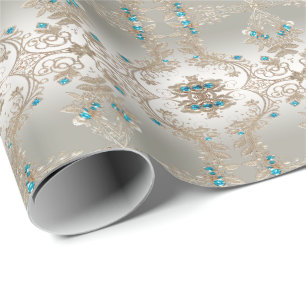 Verzieren Sie Gold Blue Stones Wrapping Paper Geschenkpapier