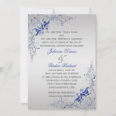 Verziert Blue Silver Floral Wirbel Hochzeiten Einladung (Vorderseite)