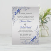 Verziert Blue Silver Floral Wirbel Hochzeiten Einladung (Stehend Vorderseite)