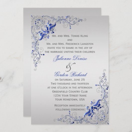 Verziert Blue Silver Floral Wirbel Hochzeiten Einladung (Vorne/Hinten)