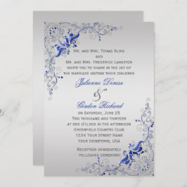 Verziert Blue Silver Floral Wirbel Hochzeiten Einladung