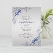 Verziert Blue Silver Wirbel auf Silver Sweet 16 Einladung (Stehend Vorderseite)