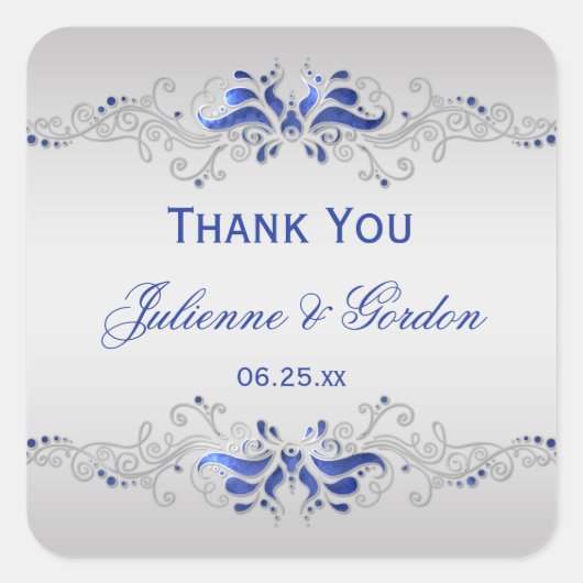 Verziert Blue Silver Wirbel Square Gastgeschenk Ho Quadratischer Aufkleber (Vorderseite)