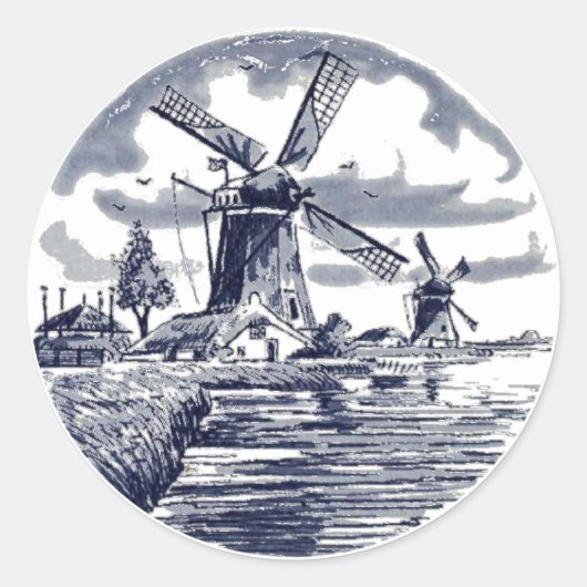 Verziert Chic Antique Dutch Delft Blue Windmill Runder Aufkleber (Vorderseite)