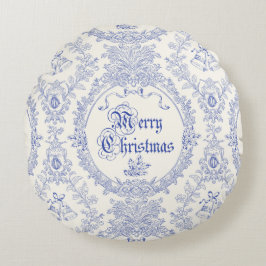 Verziert Classic Vintag Merry Christmas Blue Toile Rundes Kissen