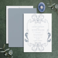 Verziert Dusty Blue Floral Line Art Monogramm Invi
