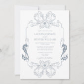 Verziert Dusty Blue Floral Line Art Monogramm Invi Einladung (Vorderseite)
