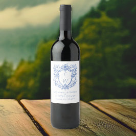 Verziert Dusty Blue Wappen Monogram Wedding Weinetikett