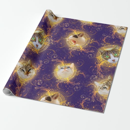 Verziert Floral Damask Niedlich Kitty Cat - Royal  Geschenkpapier (Ungerollt)