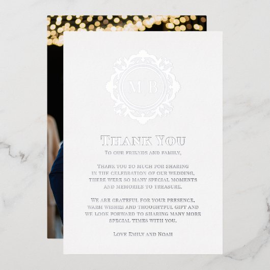 Verziert Floral Monogram Wedding Danke Foto Folien Feiertagskarte (Vorderseite/Rückseite)