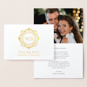 Verziert Floral Monogram Wedding Danke Foto Folienkarte