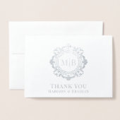 Verziert Floral Monogram Wedding Danke Foto Folienkarte (Vorderseite mit Umschlag)