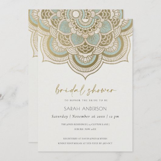 Verziert Gold Aquamarin Mandala Brautparty Einladu Dankeskarte (Vorne/Hinten)