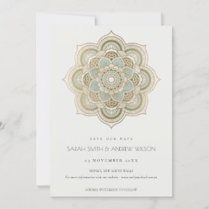 Verziert Gold Aquamarin Mandala Save the Date einl Dankeskarte