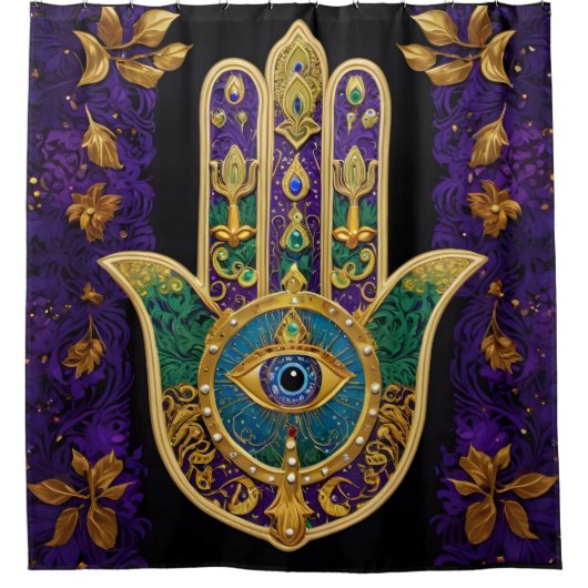 Verziert Gold Third Eye Hamsa Duschvorhang (Vorderseite)
