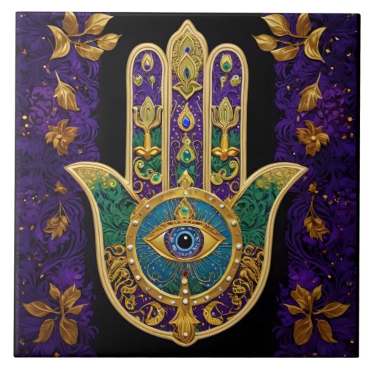 Verziert Gold Third Eye Hamsa Fliese (Vorderseite)