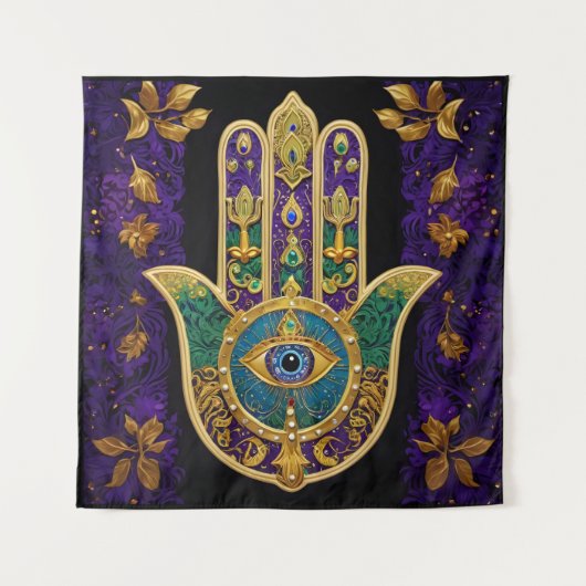 Verziert Gold Third Eye Hamsa Wandteppich (Vorderseite)