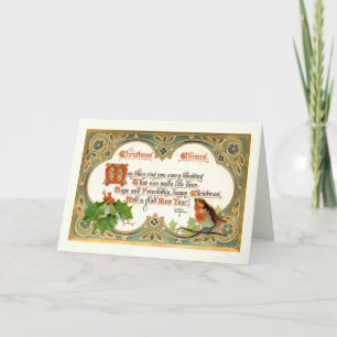 Verziert Gold Vintage Christmas Verse, Robin & Hol Feiertagskarte