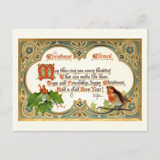 Verziert Gold Vintage Christmas Verse, Robin & Hol Postkarte (Vorderseite)