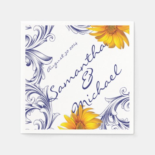 Verziert Royal Blue Yellow Sunflores Serviette (Vorderseite)