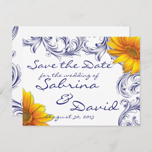 Verziert Royal Blue Yellow Sunflower Save the Date Ankündigungspostkarte (Vorne/Hinten)