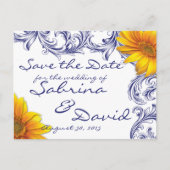Verziert Royal Blue Yellow Sunflower Save the Date Ankündigungspostkarte (Vorderseite)