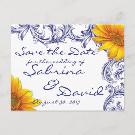 Verziert Royal Blue Yellow Sunflower Save the Date Ankündigungspostkarte