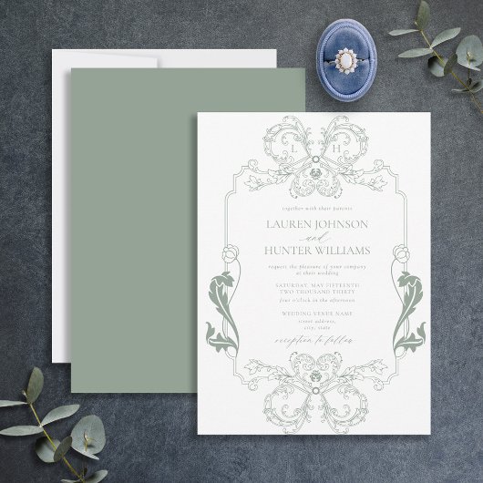 Verziert Sage Green Floral Line Art Monogram Weddi Einladung