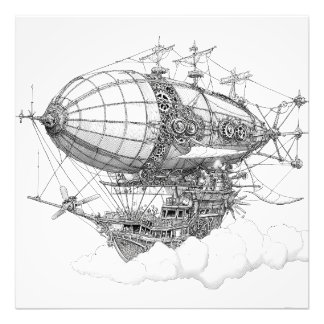 Verziert Schwarz-weißer Steampunk Zeppelin Zeichne Fotodruck