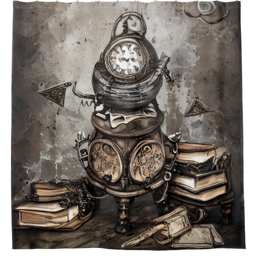 Verziert Steampunk Cauldron | Zauberbücher und Uhr Duschvorhang (Vorderseite)