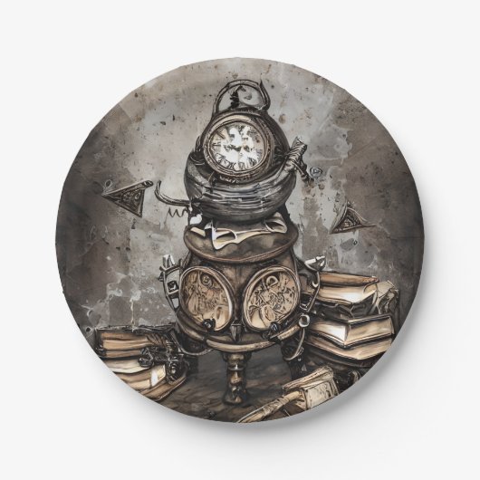 Verziert Steampunk Cauldron | Zauberbücher und Uhr Pappteller (Vorderseite)