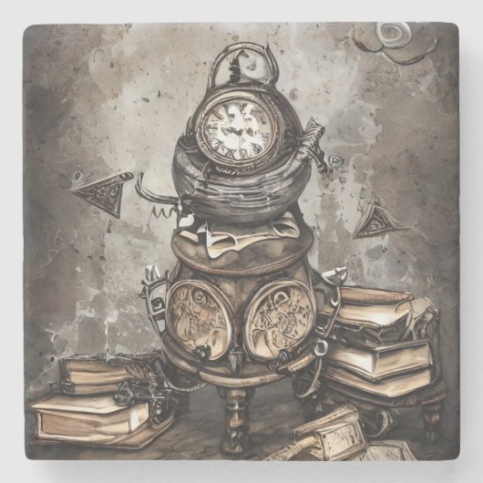 Verziert Steampunk Cauldron | Zauberbücher und Uhr Steinuntersetzer (Vorderseite)