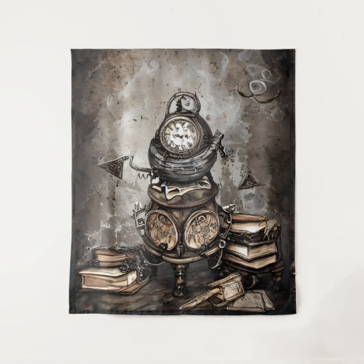Verziert Steampunk Cauldron | Zauberbücher und Uhr Wandteppich (Vorderseite)