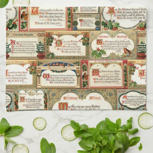 Verziert Vintage Weihnachtsgrüße Collage Geschirrtuch (Gefaltet)