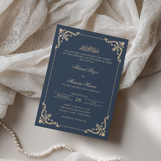 Verzierte Antike Rahmen Gold Navy Blau Nikah Zerem Einladung