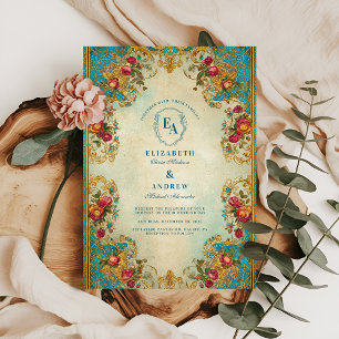 Verzierte Aquamarine Hochzeit und Goldgartenhochze Einladung