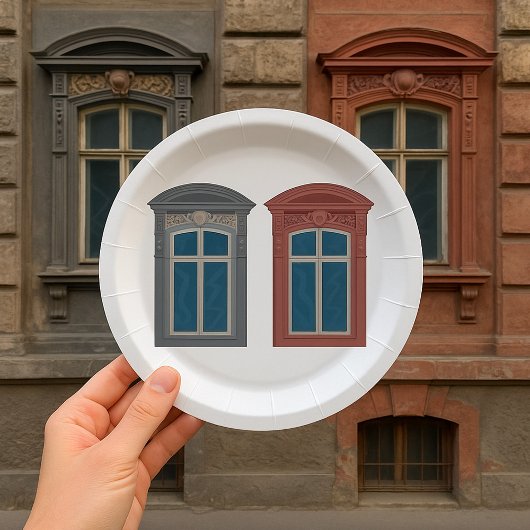 Verzierte Architektur des Europäischen Fensters Pappteller