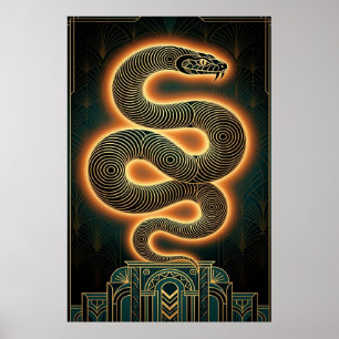 Verzierte Art Deco-Schlangenserpent Goldspule Poster