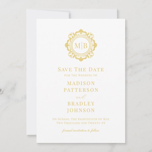 Verzierte Bläsermonogramm-Hochzeit Save The Date (Vorderseite)