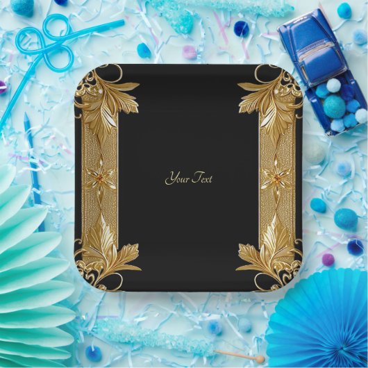 Verzierte Blattplatte aus Gold Black Pappteller (Party)