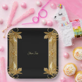 Verzierte Blattplatte aus Gold Black Pappteller (Party)