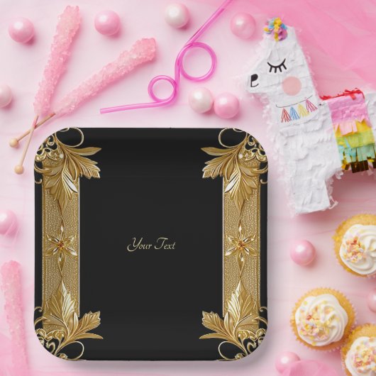 Verzierte Blattplatte aus Gold Black Pappteller (Party)