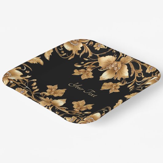 Verzierte Blattplatte aus Gold Black Pappteller (Gewinkelt)