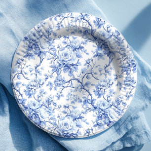Verzierte blaue französische Toile-Rosen Blumen-Pa Pappteller